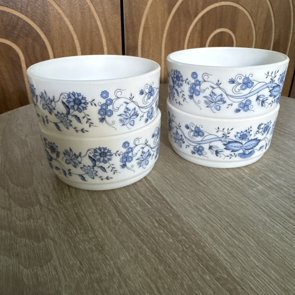 Arcopal France Aster Bowls Ramekins Onion Blue Floral Glass Dish White 1970s